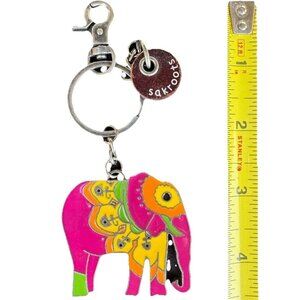 Sakroots Key Chain Ring Fob Zipper Purse Elephant With Wooden Circle 4.5” EUC